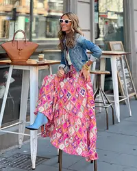 Yaz uzun Patchwork baskı A-Line etek çiçek etek kadınlar Casual plaj Faldas kadın Boho elastik bel tatil Maxi etekler