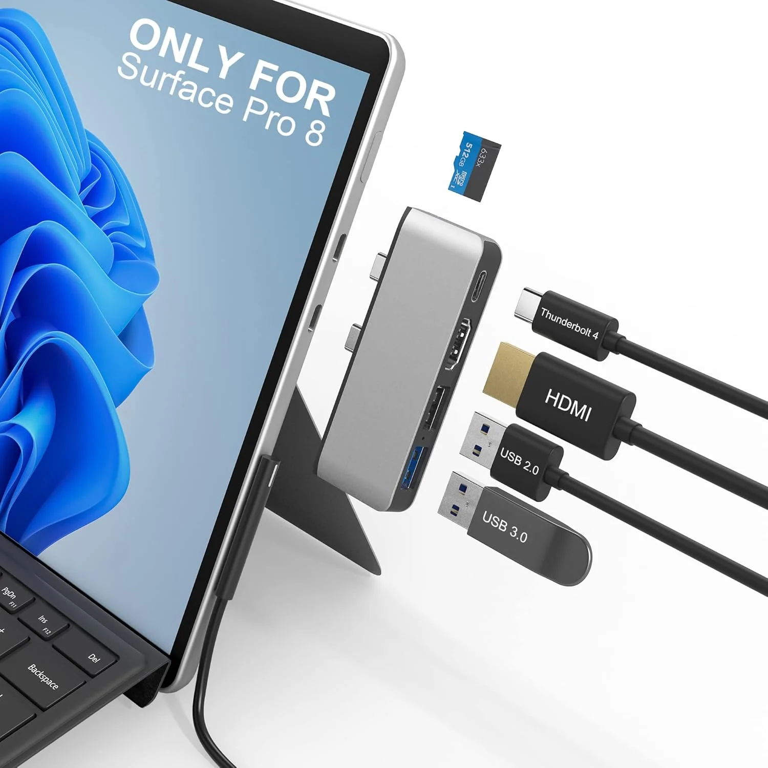 Surface Pro 8 Hub Docking Station with 4K HDMI USB-C Thunerbolt 4 RJ45 USB 3.0 TF Card Slot for Microsoft Surface Pro 8