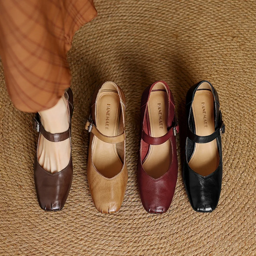 2026 Retro Mary Jane Shoes Genuine Leather Chunky Heel Square Toe Single Buckle Strap Soft Comfort All-Season Daily Flats