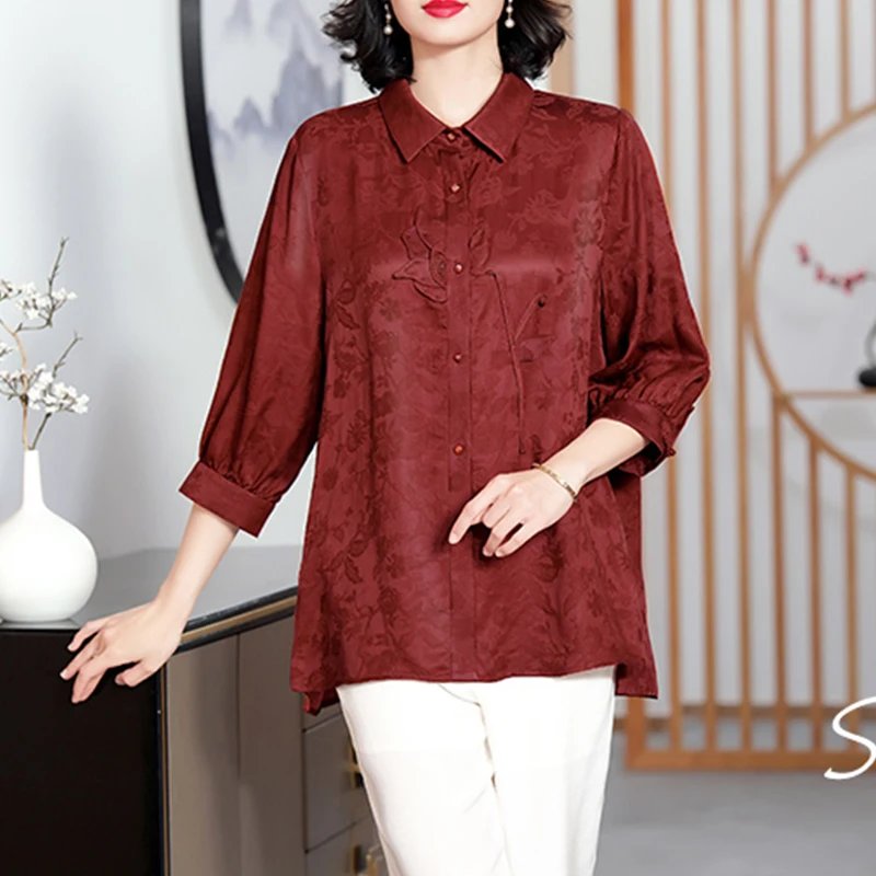 BirdTree 100%Real Silk XiangYunSha Shirt Women,Polo Neck Three-quarter Sleeves Solid,Plus Size Blouse,2024 Spring New T42305QD