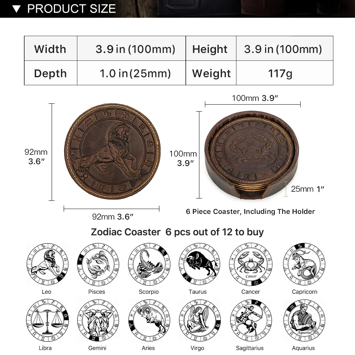 6pcs/set Genuine Leather Zodiac Coaster Drink Coffee Cup Mat Round Pad Table Placemats Round Tea Pad Home Decoration