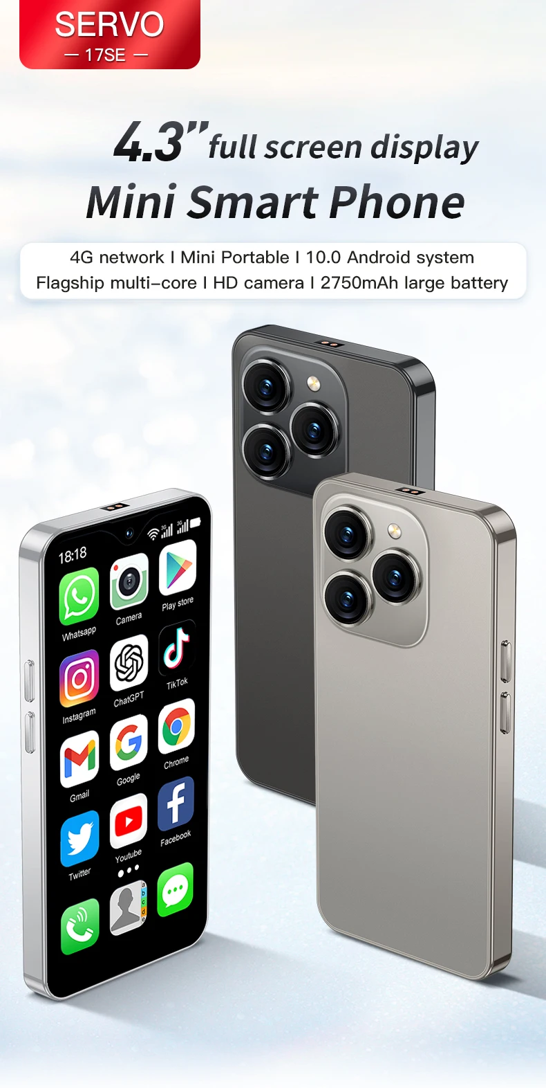 SERVO 17SE Mini Cute 4G Smartphone Android 8.1 16GB ROM 2 SIM Standby HD Camera GPS OTG Bluetooth Play Store Small Pocket Phone
