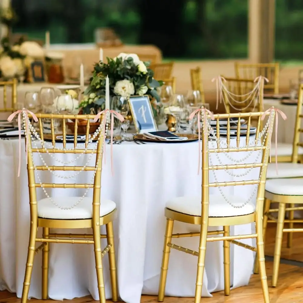Artificial Chair Back Pearl Ribbon White DIY Chair Back Waist Belt Bow Pearl Chain for Weddings Aisle Decorations Floral Designs