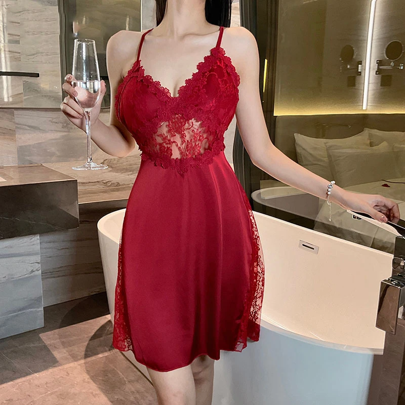 2025 nieuwe sexy hemdje nachtjapon dames kant thuis nachtkleding satijn diepe V backless luxe hemdje nachtkleding plus size rood zwart