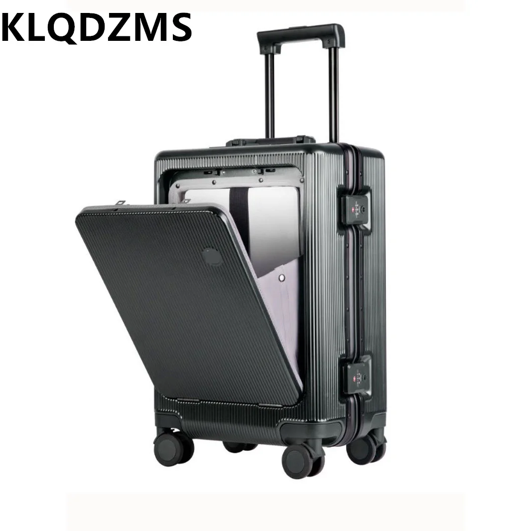 KLQDZMS แล็ปท็อปกระเป๋าเดินทางเปิดด้านหน้า Boarding กรอบอลูมิเนียมรถเข็น 20 "22" 24 นิ้ว USB ชาร์จกระเป๋าเดินทาง