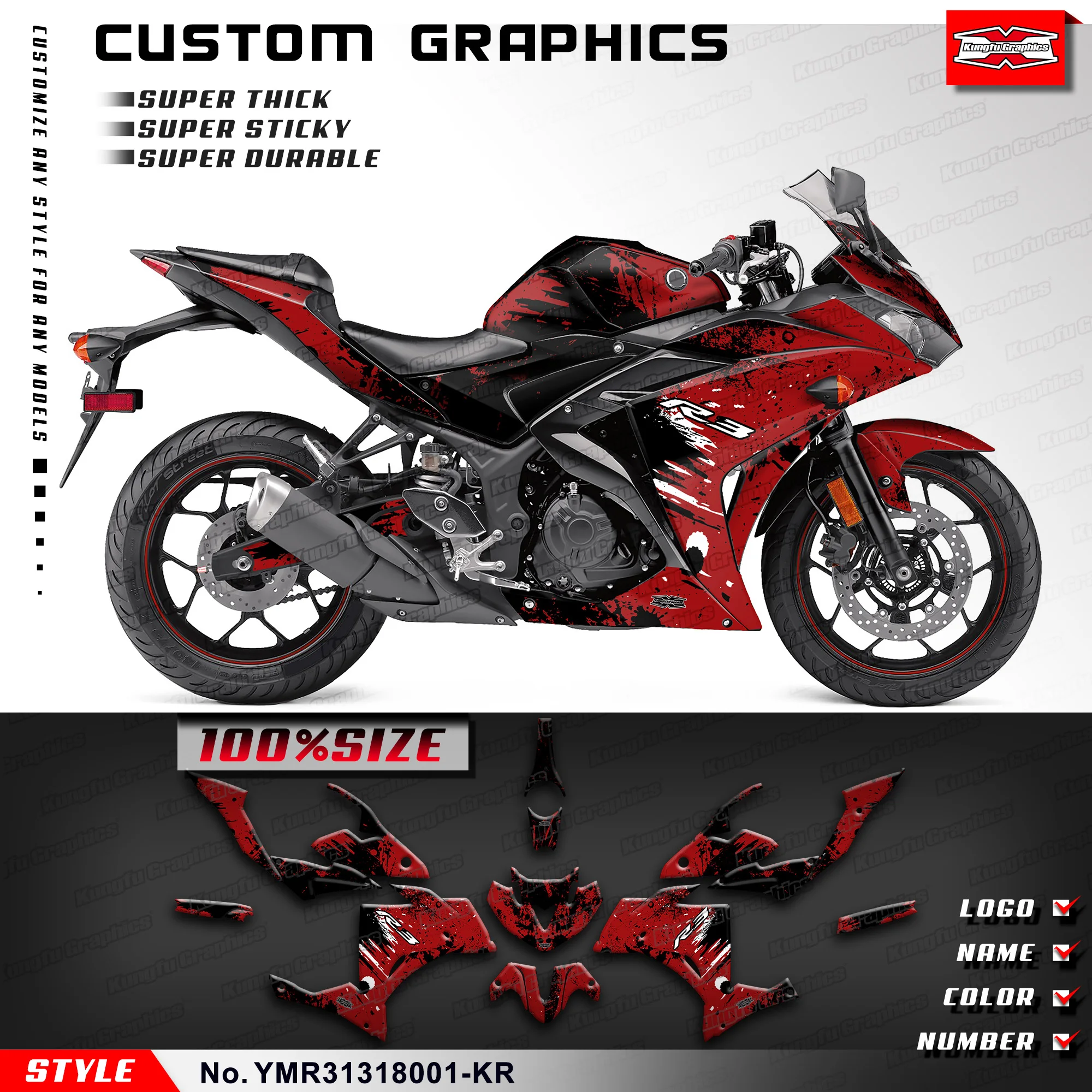 KUNGFU GRAPHICS Sportbike Sticker Wrap Kit decalcomania in vinile per Yamaha YZF-R3 YZF R3 2013 2014 2015 2016 2017 2018, YMR31318001-KR