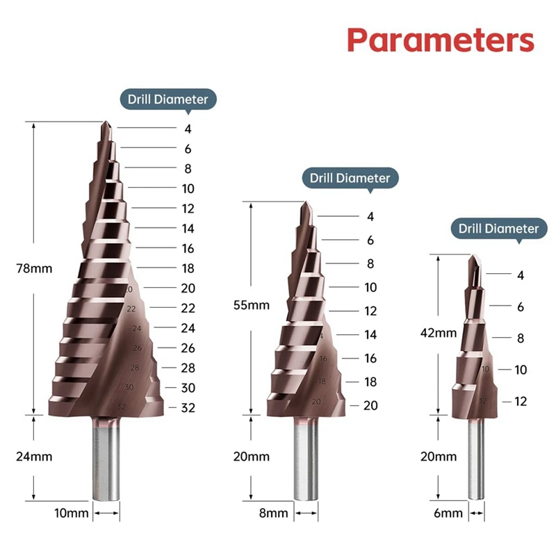 مجموعة رؤوس مثقاب ABHU، 3 قطع لقم ثقب من التيتانيوم، لقم مخروطية مثقاب متري 4 مم إلى 32 مم للمعادن والخشب والبولي فينيل كلوريد