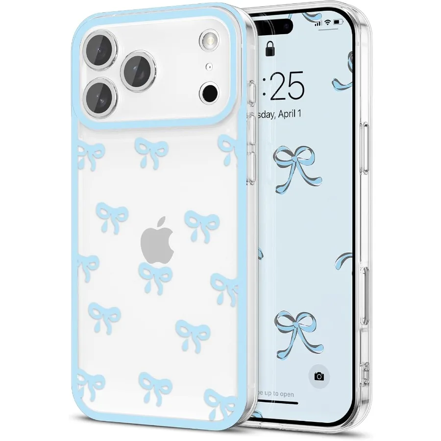 

Прозрачный чехол для телефона с милым ленточным узором и бантом для iPhone 17 Pro Max, эстетичный дизайн, повышенная защита камеры S