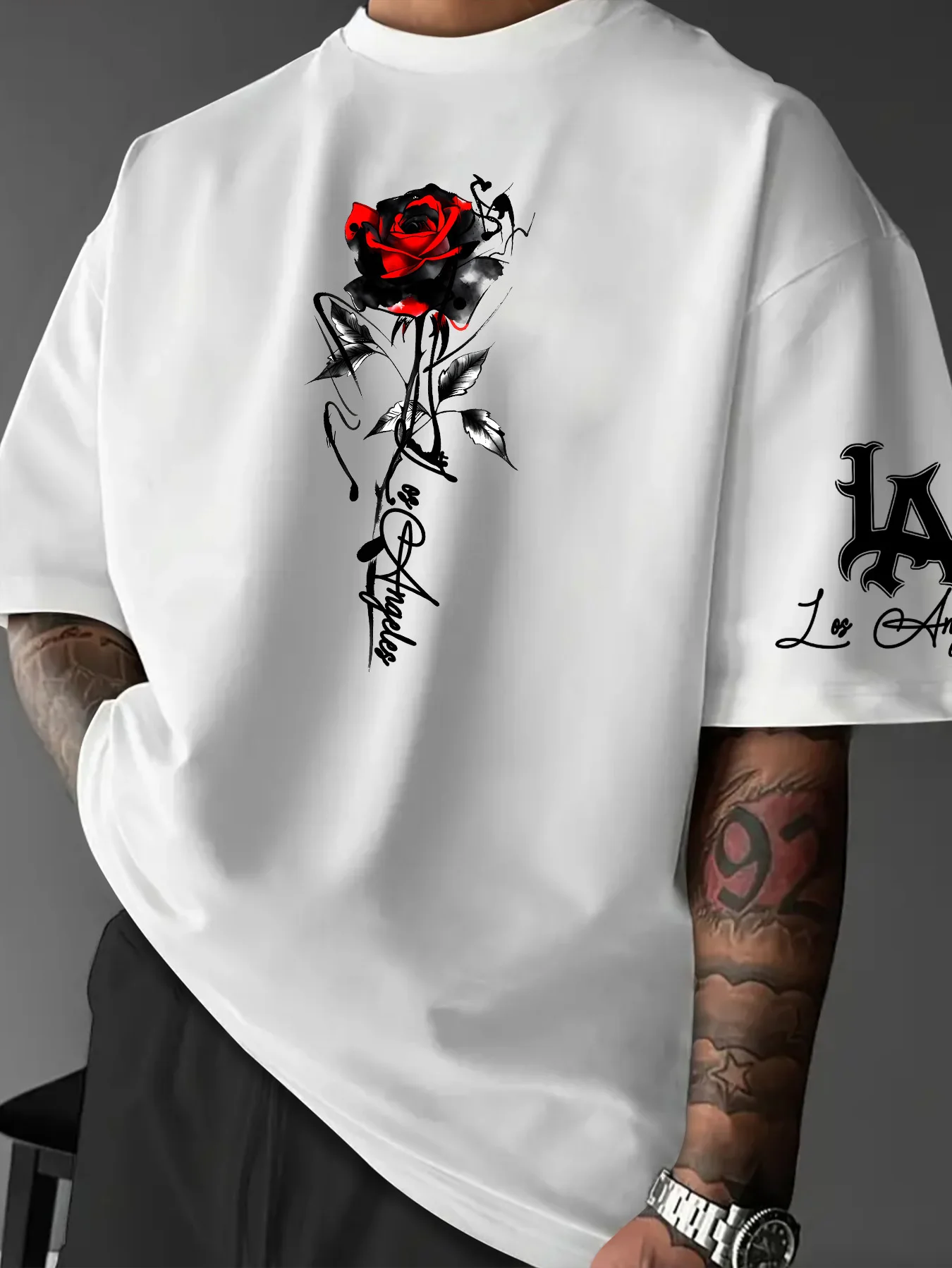 Men Oversized T-Shirt Los Angeles Rose Floral Print Drop Shoulder Street Style Casual Short Sleeve Tee