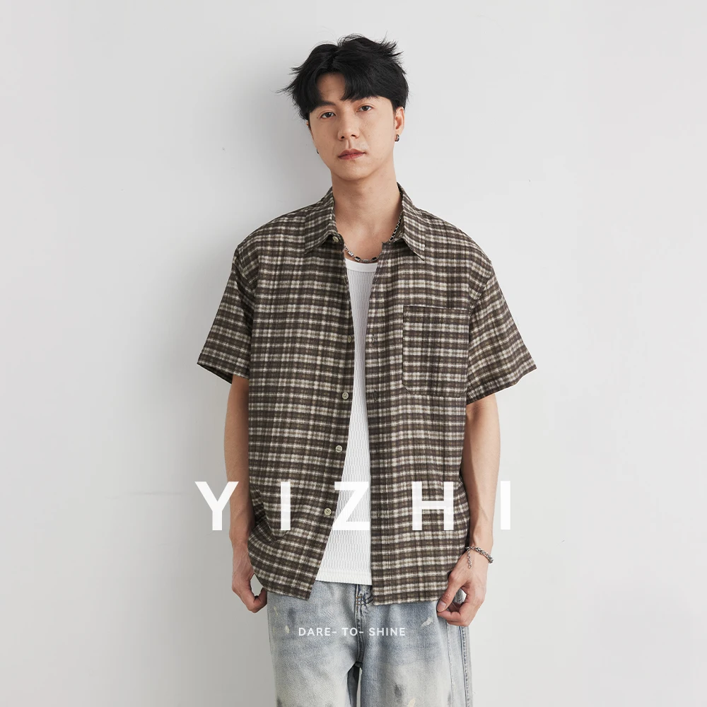 Men's Japanese Style Lyocell Plaid Short Sleeve Shirt 2026 Summer Loose Drop Shoulder Single Pocket Daily Commute Shirt