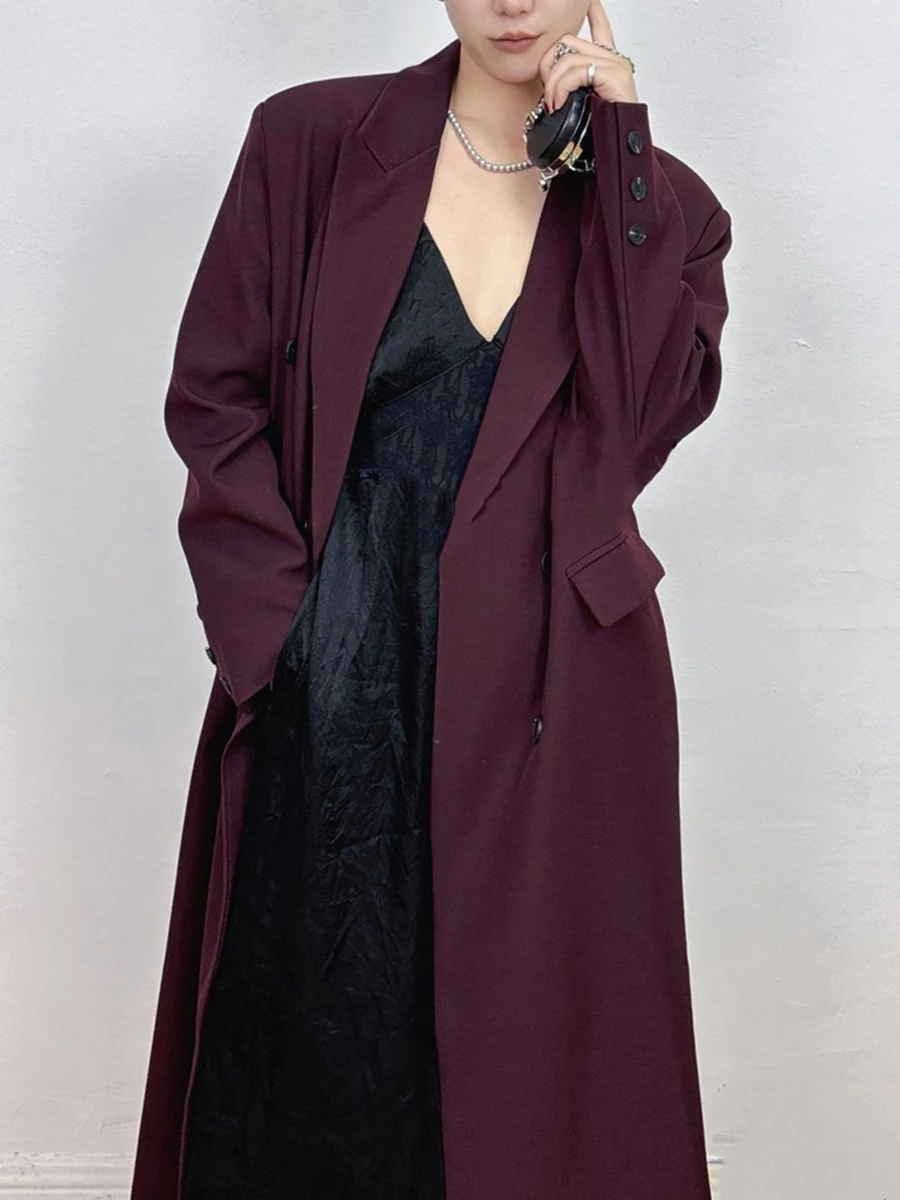 VGH Solid Loose Chic Trench Coat For Women Lapel Long Sleeve High  Spliced Double Breasted Knee Length Windbreaker Female New