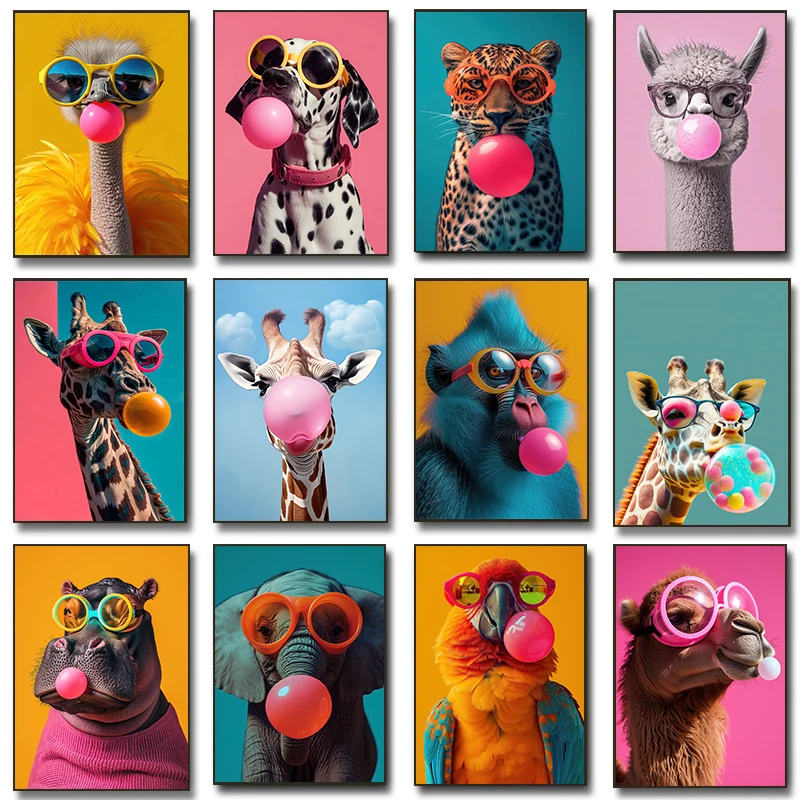 Pósteres coloridos y divertidos de animales que soplan chicle, impresiones modernas de animales de Safari, pintura en lienzo, imagen de pared, decoración de la habitación del hogar