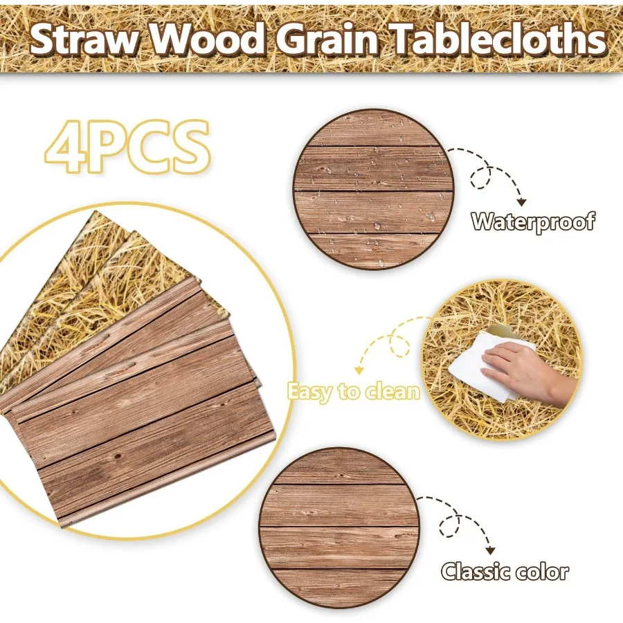 2Pcs Straw Tablecloths and 2Pcs Wood Grain Tablecloths Rectangular Straw Wood Grain Table Decorations for Farm Party Cowboy Wes