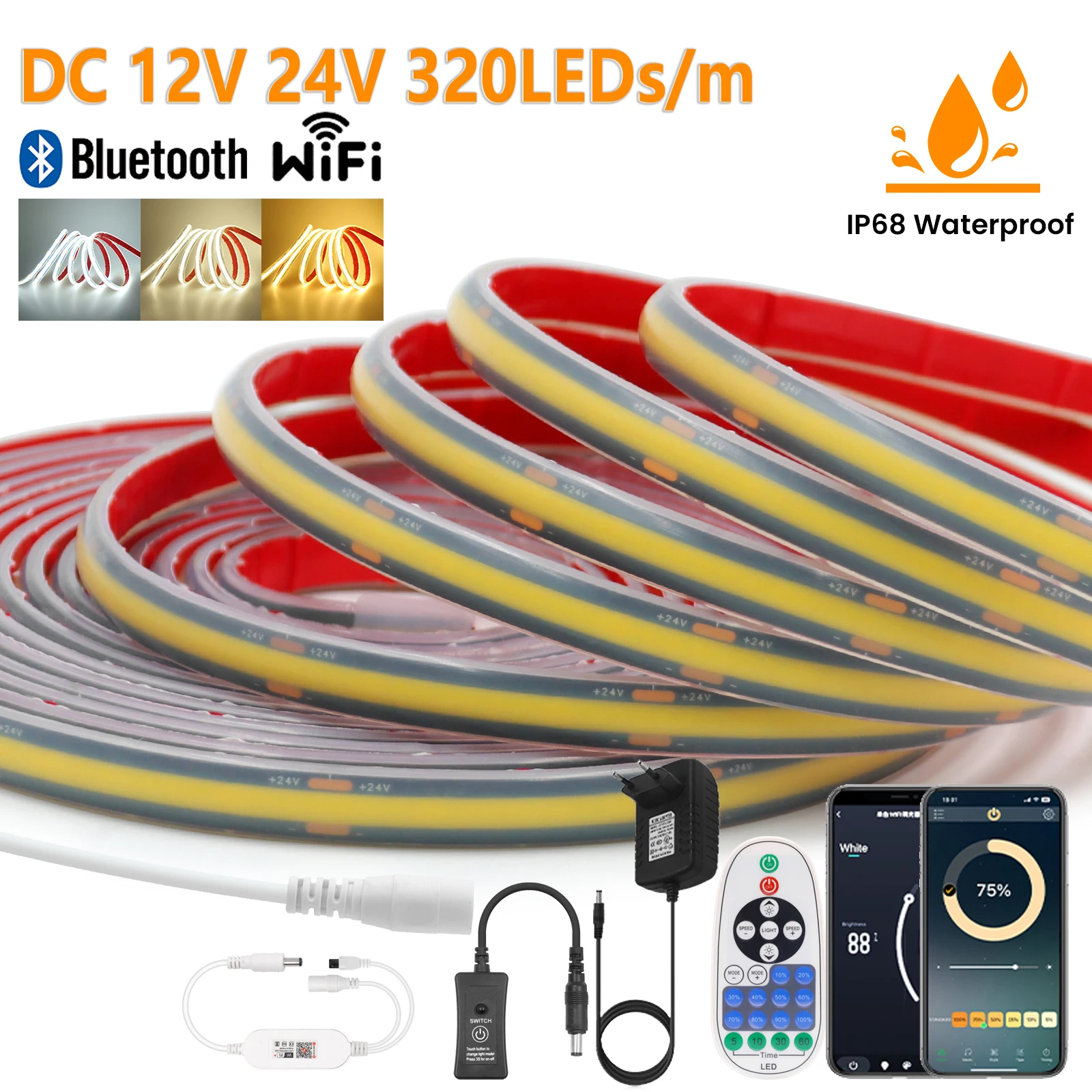 

12 В 24 В IP68 Водонепроницаемая светодиодная лента COB Smart Wi-Fi Bluetooth Пульт дистанционного управления Черная печатная плата Высокая плотность 320 светодиодов/м RA90 Гибкая лента