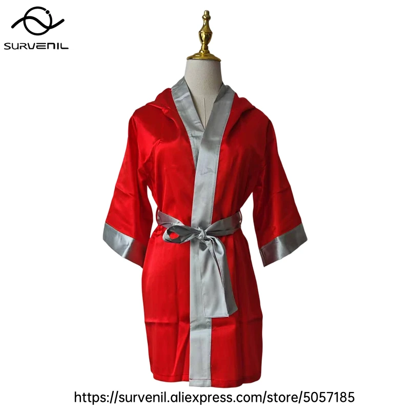 Kids & Adult Boxing Robe Hooded Satin Fighter Gown Muay Thai Kickboxing MMA Training Uniform Professional Boxer Entrance Cloak