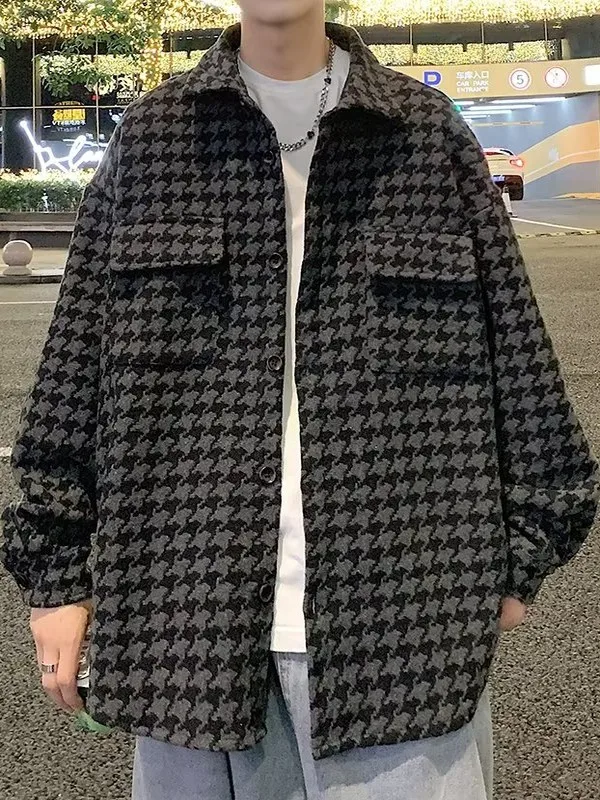 

Men's Tweed Jaet Retro Loose Fit with Notch Collar Autumn Faion Cheered Pattern Button down Workwear Sle Outerwear