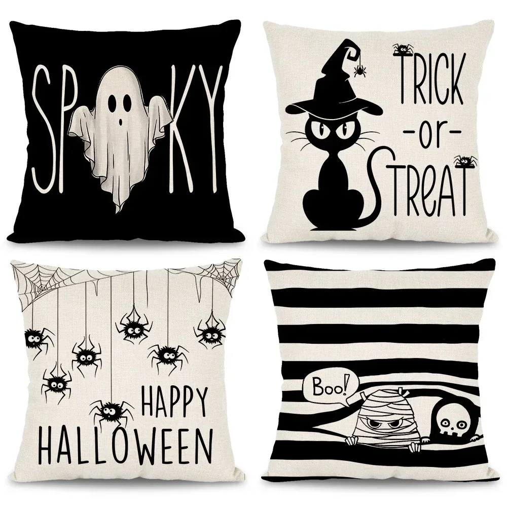Funda de almohada de fantasma de Halloween, funda de cojín de sofá bonita con calavera de araña de gato fantasma negro, decoración divertida para fiesta de Halloween y hogar