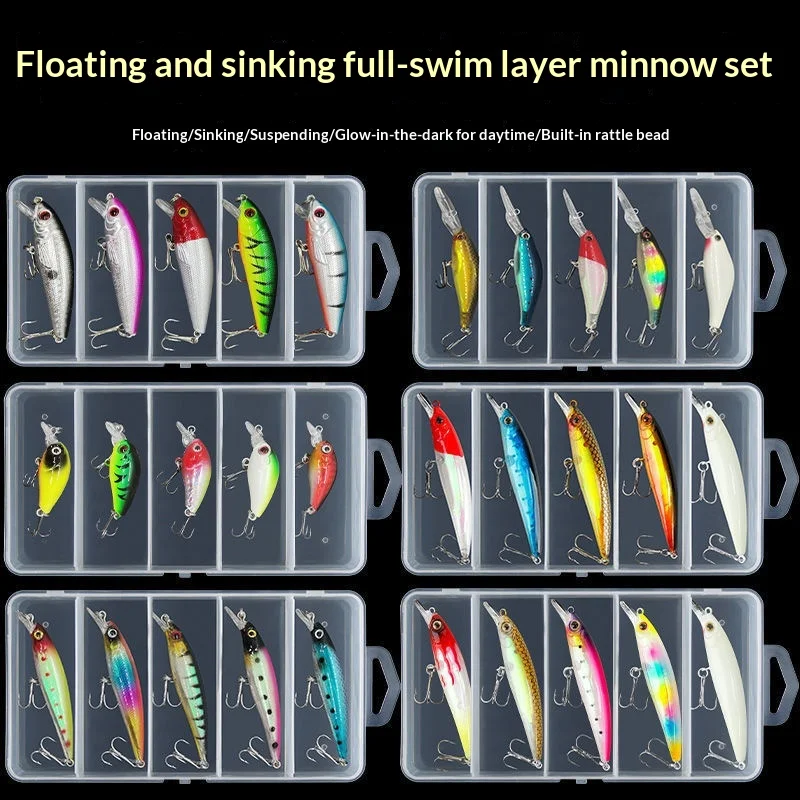 

Multi-Function Long Range Casting Minnow Lure Kit - Floating Sinking Suspending Baits with Pencil Popper for Bass Mandarin Fish