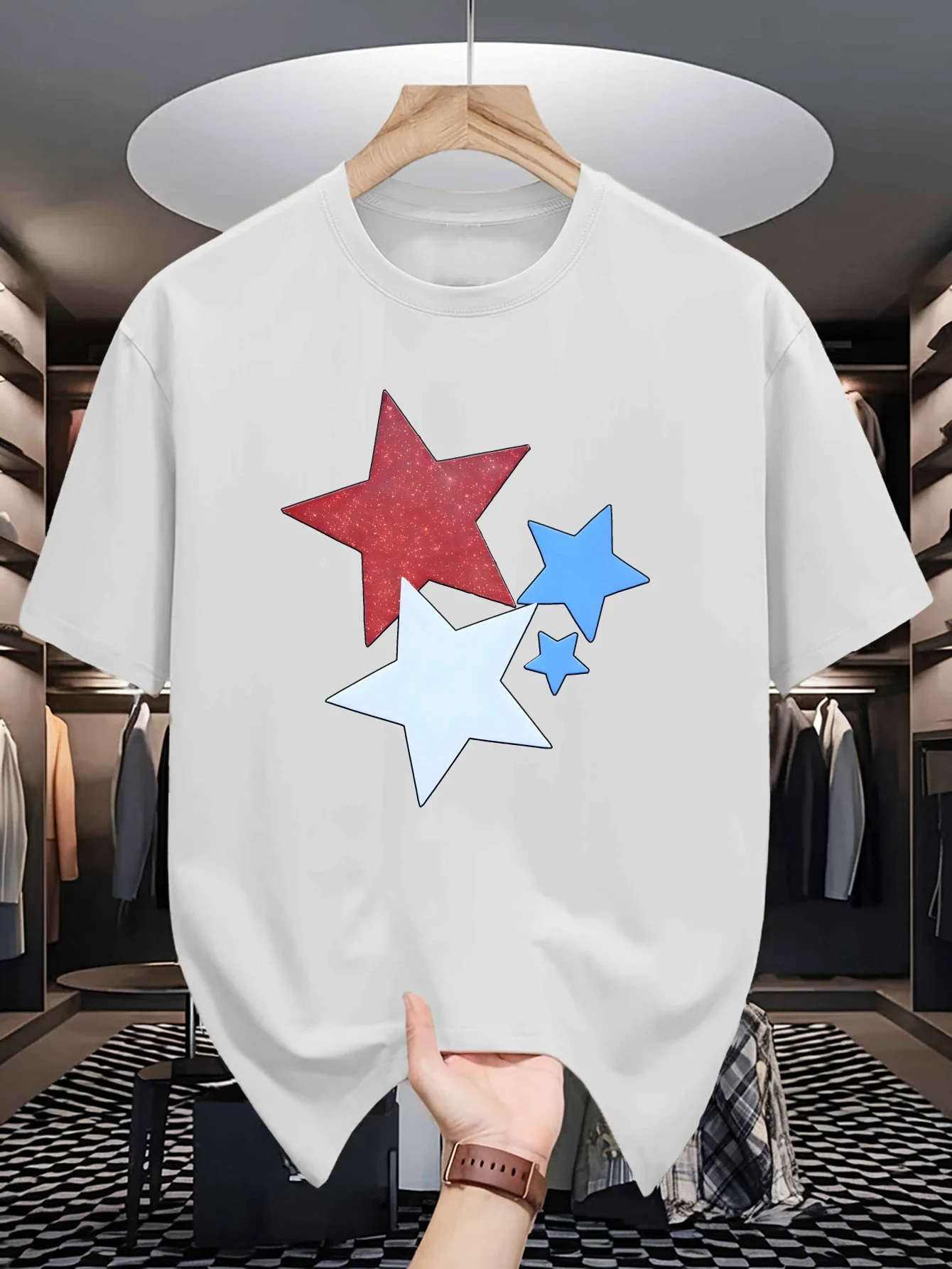 Camiseta de Cuello Redondo para Hombre con Diseño Abstracto de Estrellas Multicolores con Brillo Rojo, Blanco y Azul, Camiseta Informal de Manga Corta de Algodón para Verano