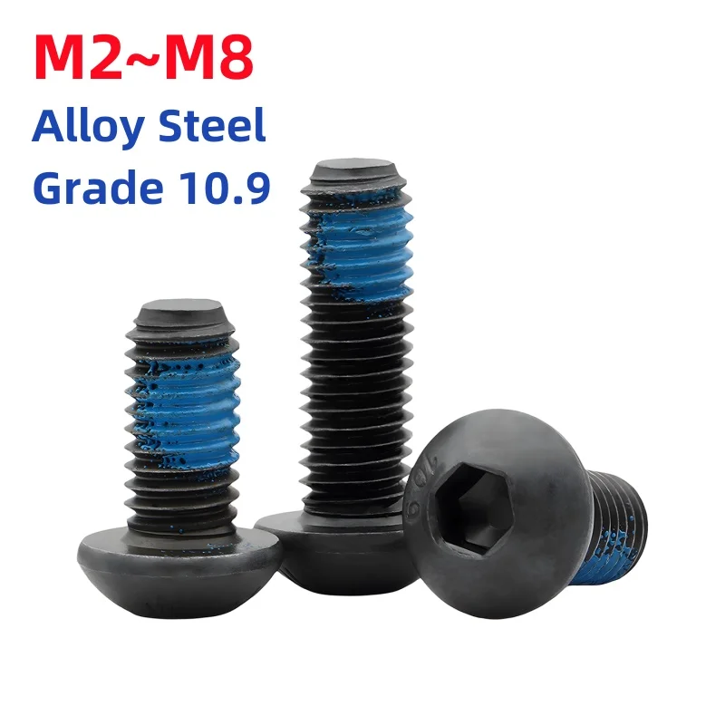M2 M2.5 M3 M4 M5 M6 M8 Grade 10.9 Black Alloy Steel Hex Socket Round Head Cap Screws Half Coated Blue Glue Dispensing Bolts