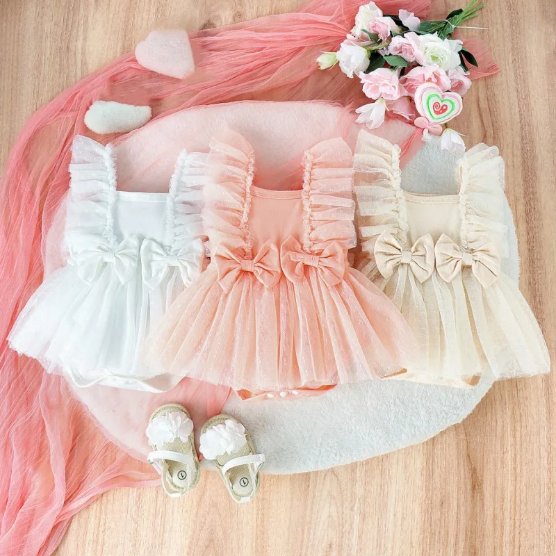 Infant Baby Girl Summer Romper Dress Fly Sleeve Cute Bow Mesh Tulle Skirt Ribbed Bodysuit Newborn Dresses D2L