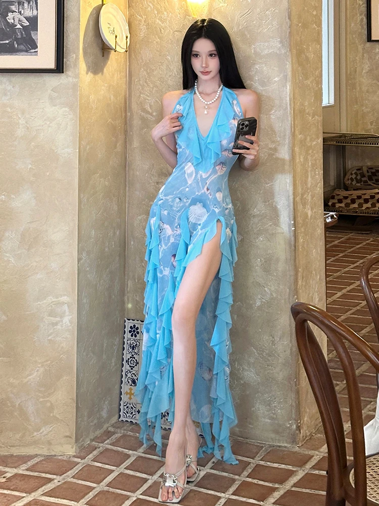 Serene Sea Blue Floral Print ter Ne Long Dr Women's Gauze Long Skirt V-ne H-pe Summer Polyester Spandex Dr