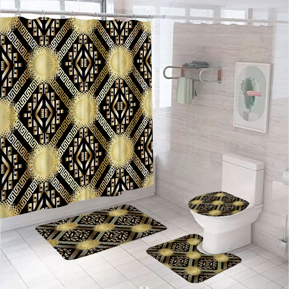 Luxury European Black Gold Bathroom Curtains Bohemia Paisley Shower Curtain Sets Non-Slip Bath Mats Rug Toilet Cover Home Decor