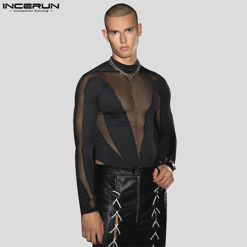 INCERUN 2024 Sexy Men Homewear O-Neck Mesh Patchwork Jumpsuits Casual Well Fitting Male Long Sleeve Thin Triangle Bodysuit S-5XL