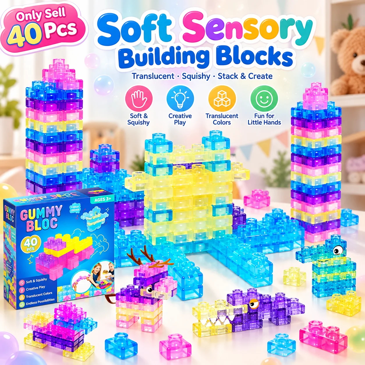 40 Pcs Sensory Soft Building Blocks, Translucent Squishy Montessori Bricks, Stacking Creative Play Toys For Toddlers
