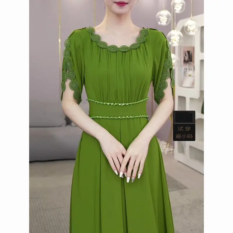 2024 Summer New Solid Color Women's Crew Neck Spliced Diamonds Lace Elegant Appear Thin Short Sleeve Vacation Long Dress