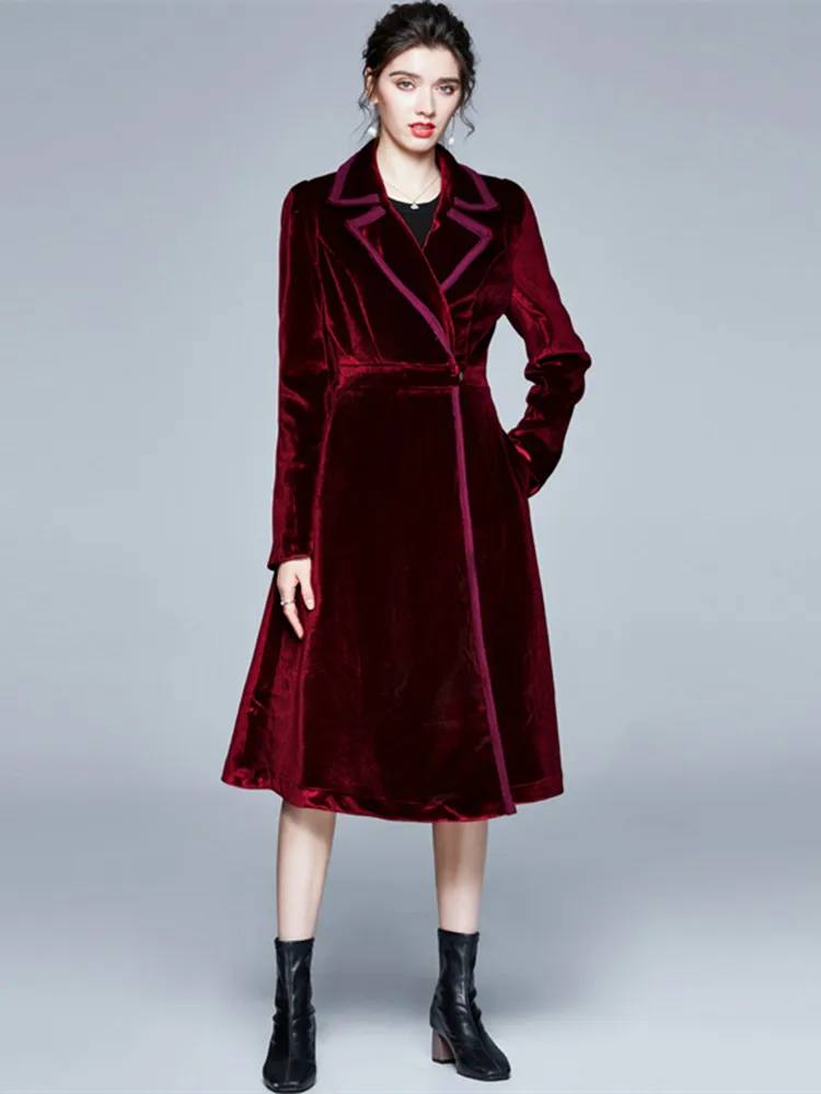 Style Black Notched Print Silk Velour Long Trench Coats Long Sleeve