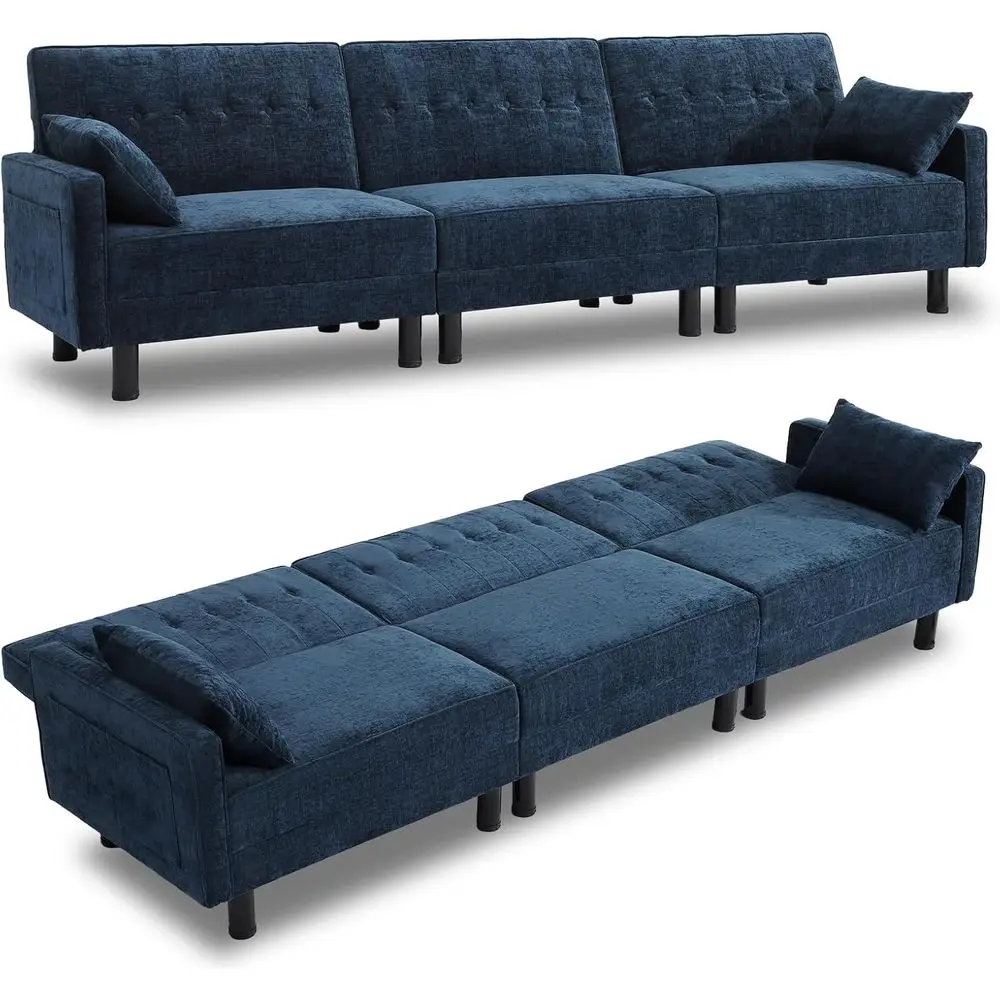 

Трансформируемый диван-кровать с местом для хранения вещей, регулируемой спинкой, 2 подушками, синий 3-местный диван для гостиной