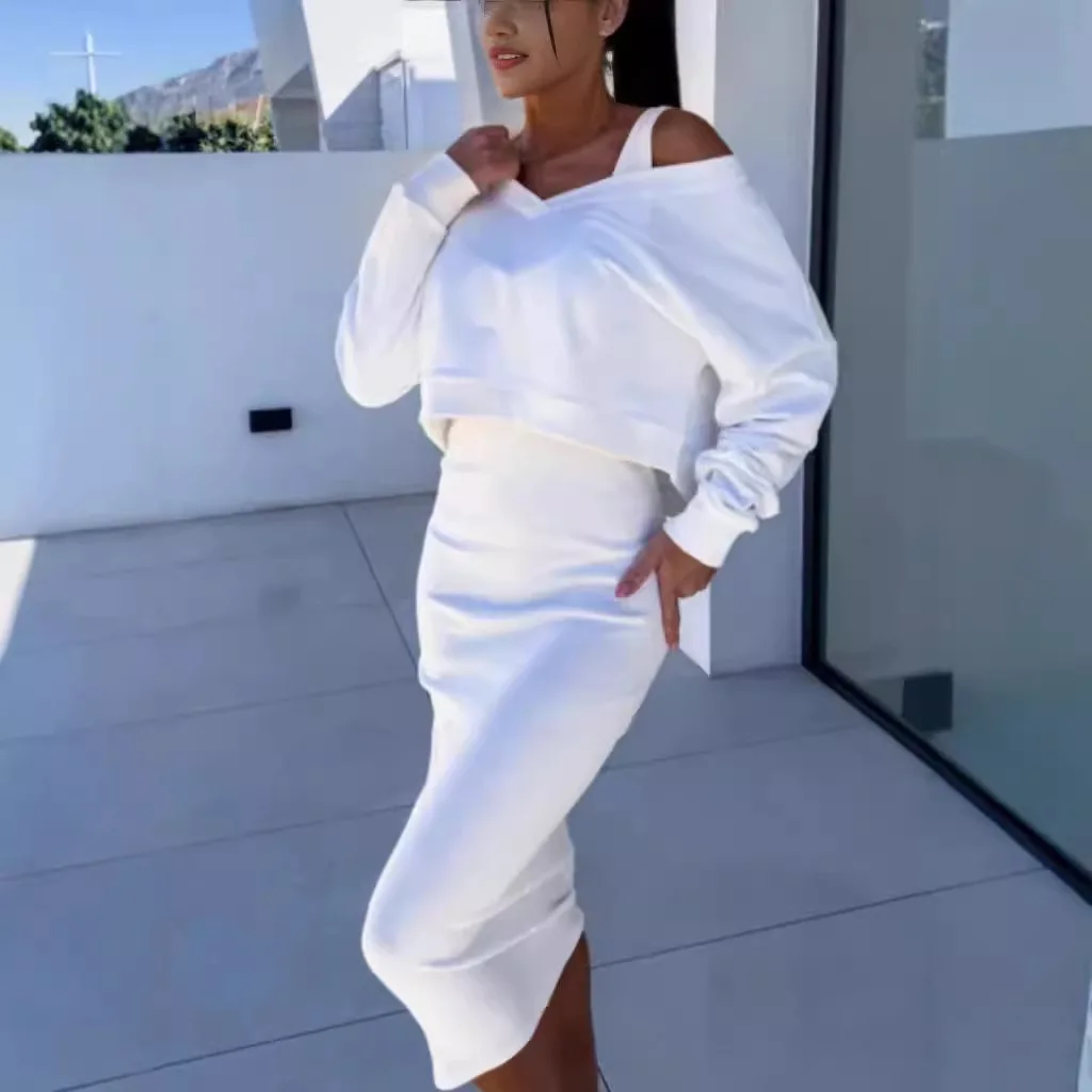 

Весенне-осеннее платье, комплекты из двух предметов, женский жилет, юбка, толстовка с v-образным вырезом, вязаный комплект, Vestidos Mujer Conjunto De Dos Piezas