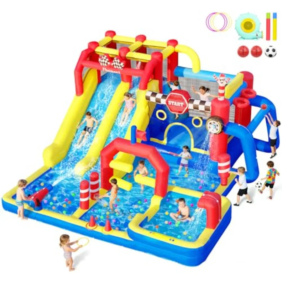 

Надувная водная горка-батут с насосом 750 Вт, 12-в-1, синий аквапарк с двойной водной горкой, бассейном и зоной для прыжков