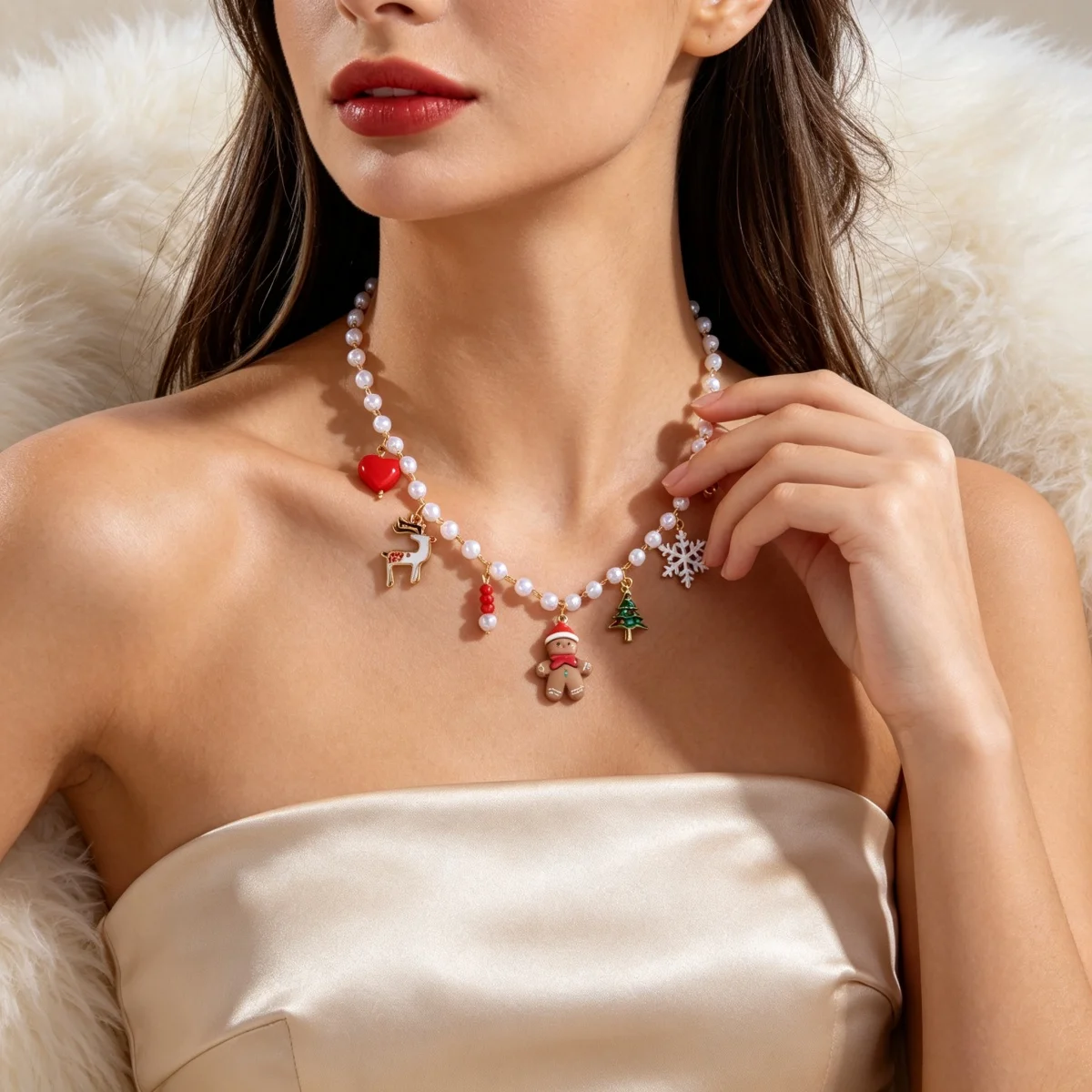 Weihnachts-Halskette mit Lebkuchenmann, Weihnachtsbaum, Hirsch, Schneeflocke, simulierten Perlen für Damen und Herren, Weihnachtsmann-Glocken, Choker, Party-Schmuck – Detail 12