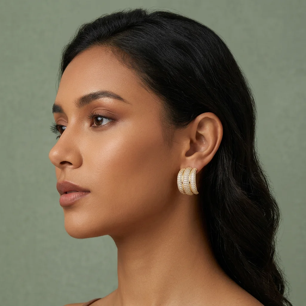French Style Claw Shape Triple Ridge Earring with Shiny CZ Zircon Affordable Luxury Wide C-shape Ear Stud Party Jewelry Stylish