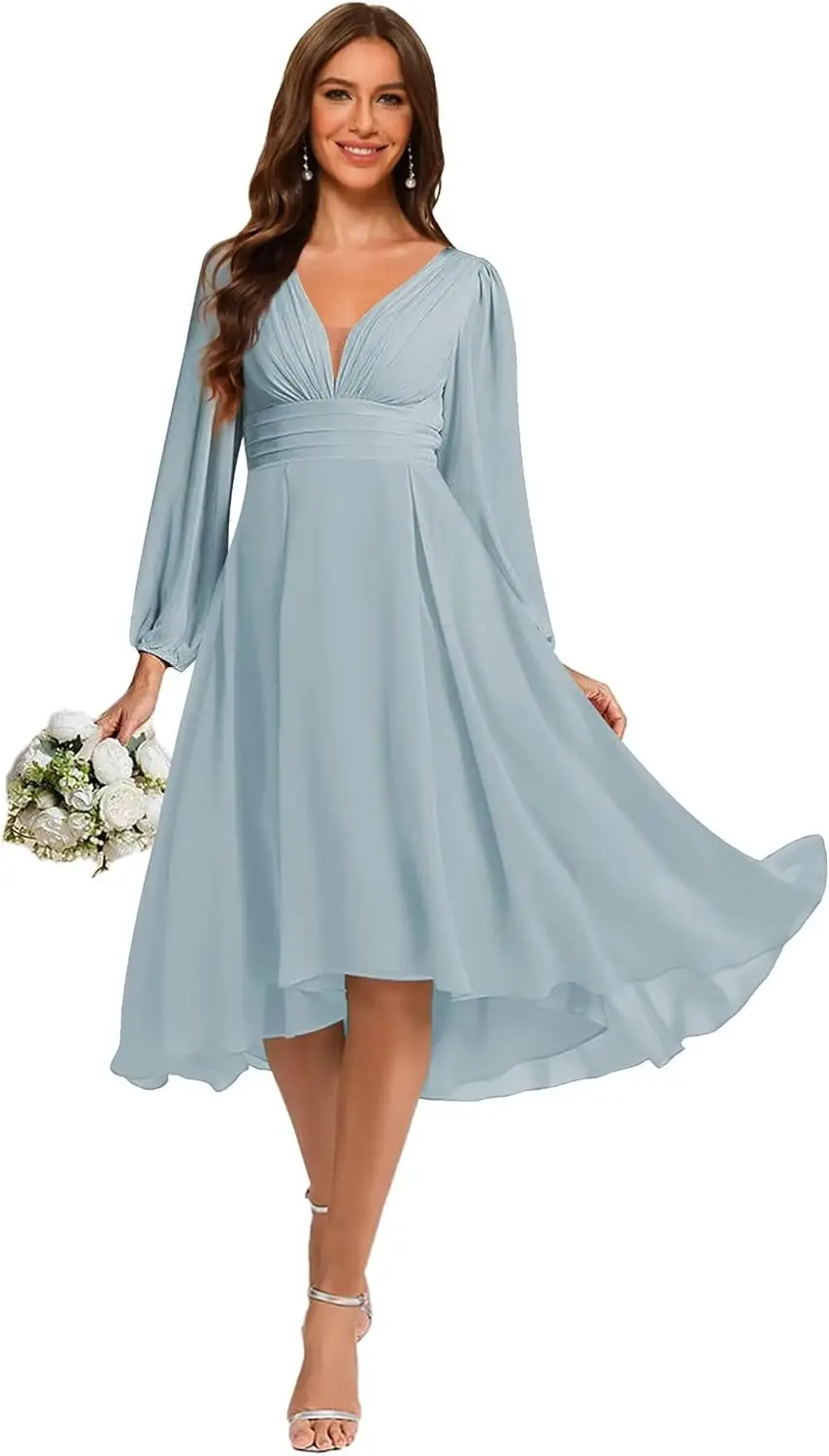 فستان وصيفة العروس نسائي شيفون برقبة على شكل V وأكمام طويلة مطوي على شكل حرف a طول ميدي فستان زفاف الضيوف فستان رسمي نسائي أنيق