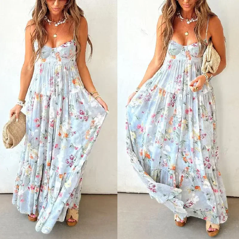 

Bohemian Floral Print Long Dress With Straps, Summer New Chiffon Vacation Style Loose And Flowing Dress Summer Long Dress Prom