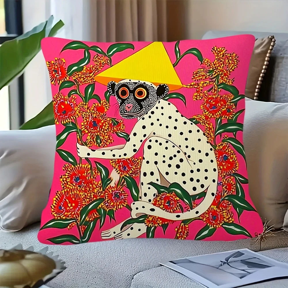 2D flat- Vibrant Polka Dot Monkey Throw Pillow Cover Bohemian Floral Jungle Decorative Cushion Case for Sofa Bedroom Living Room