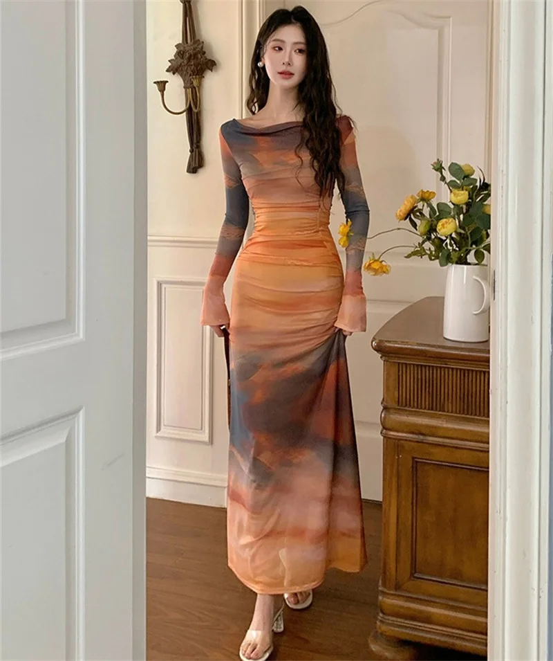 Thailand Beachside Tie Dye Long Sleeve Maxi Dress Slimming Waistline One Shoulder Design Ankle Length Summer Dress