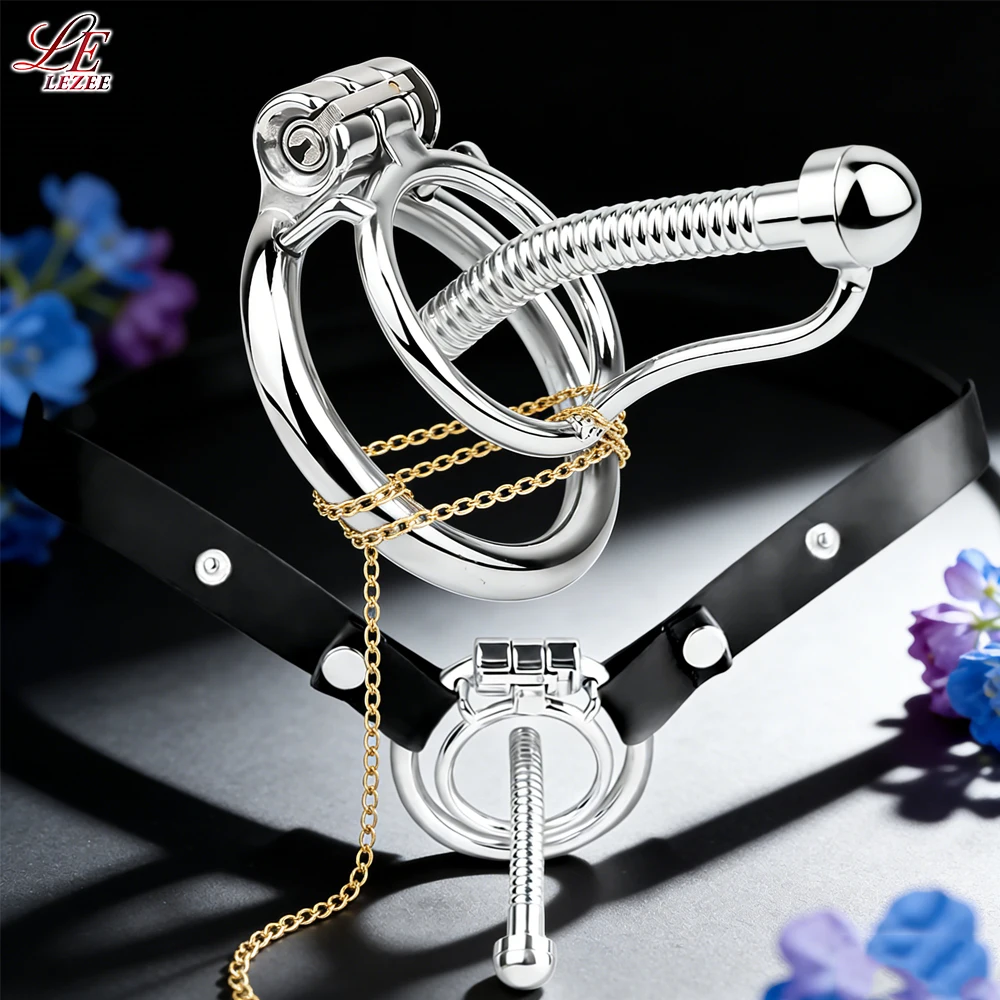 LEZEE السيف الغربي العفة قفص مجرى البول قفل مع لعبة استثارة القضيب العفة حزام ثقب موسع الذكور أقفال الديك BDSM الجنس لعب للرجال #1