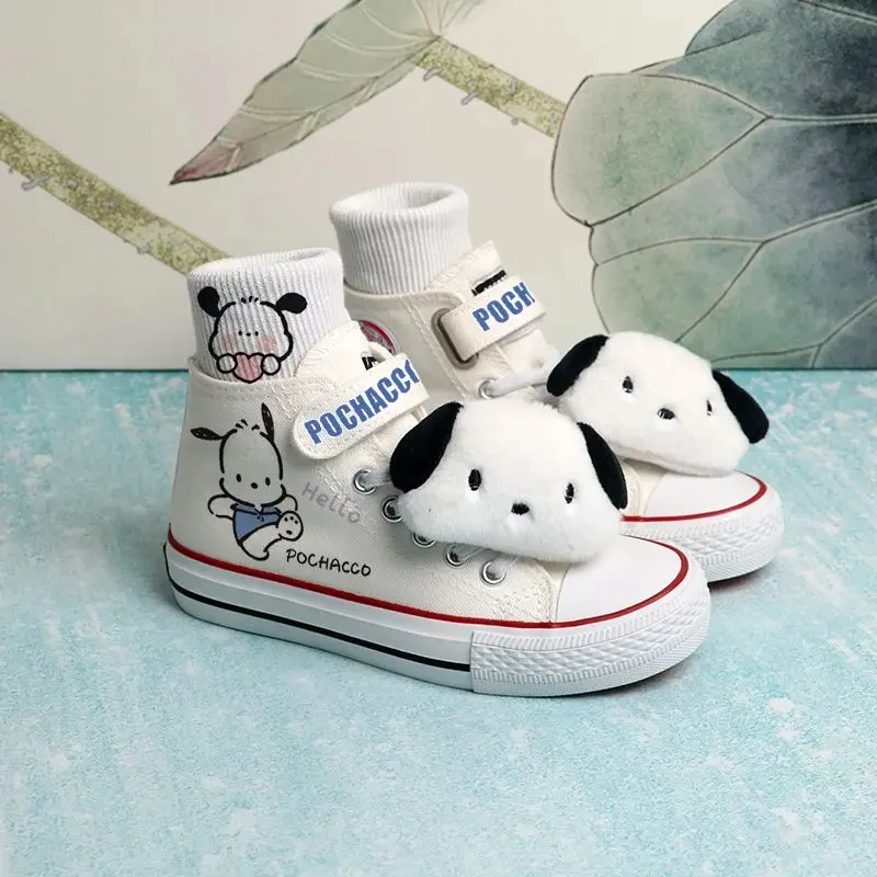 Kawaii Kids Canvas Shoes Kuromi Melody Pochacco High Top Anime Sanrios Cartoon Cute Girl Sport Shoes White Comfortable Sneakers