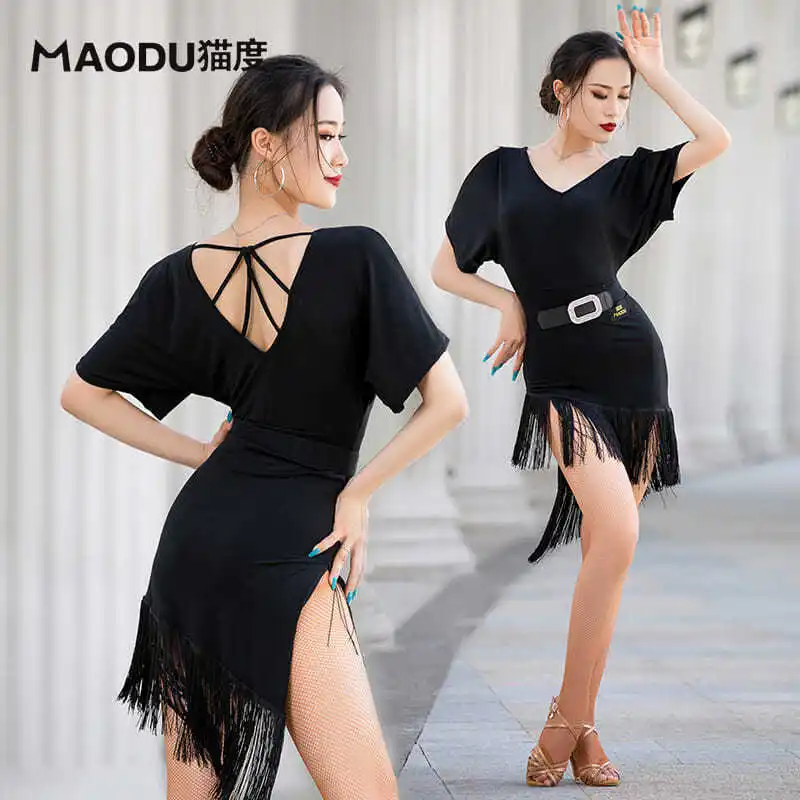 Sukienka do tańca Latin damski Adult Ballroom Rumba treningowa z paskiem seksowna bez pleców z wycięciem profesjonalny kostium