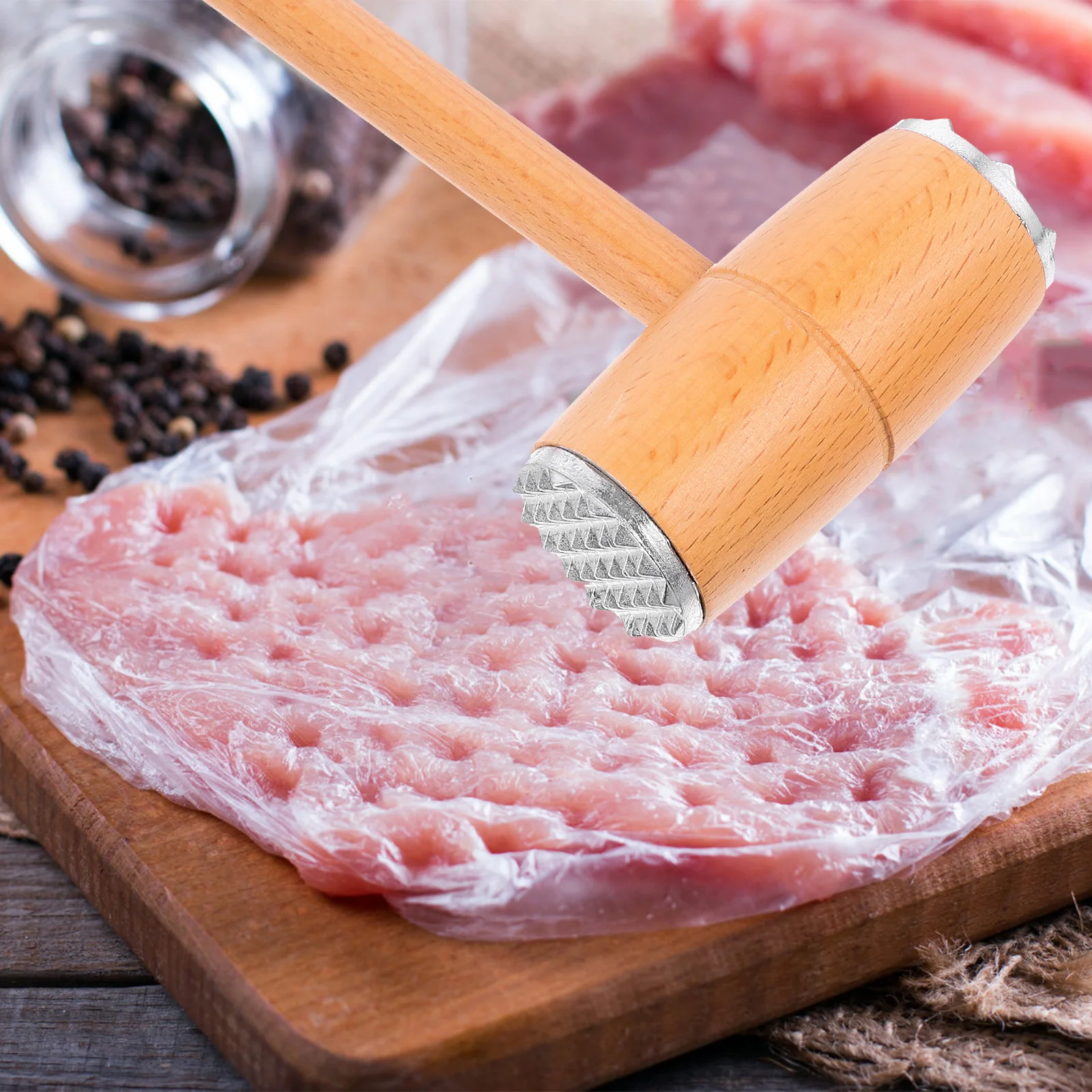 

Wooden Dual-Sided Meat Mallet Long Handle Hammer Kitchen Tool for Meat Tenderizing Pounding Nuts Ice Crushing Kitchen Hammer