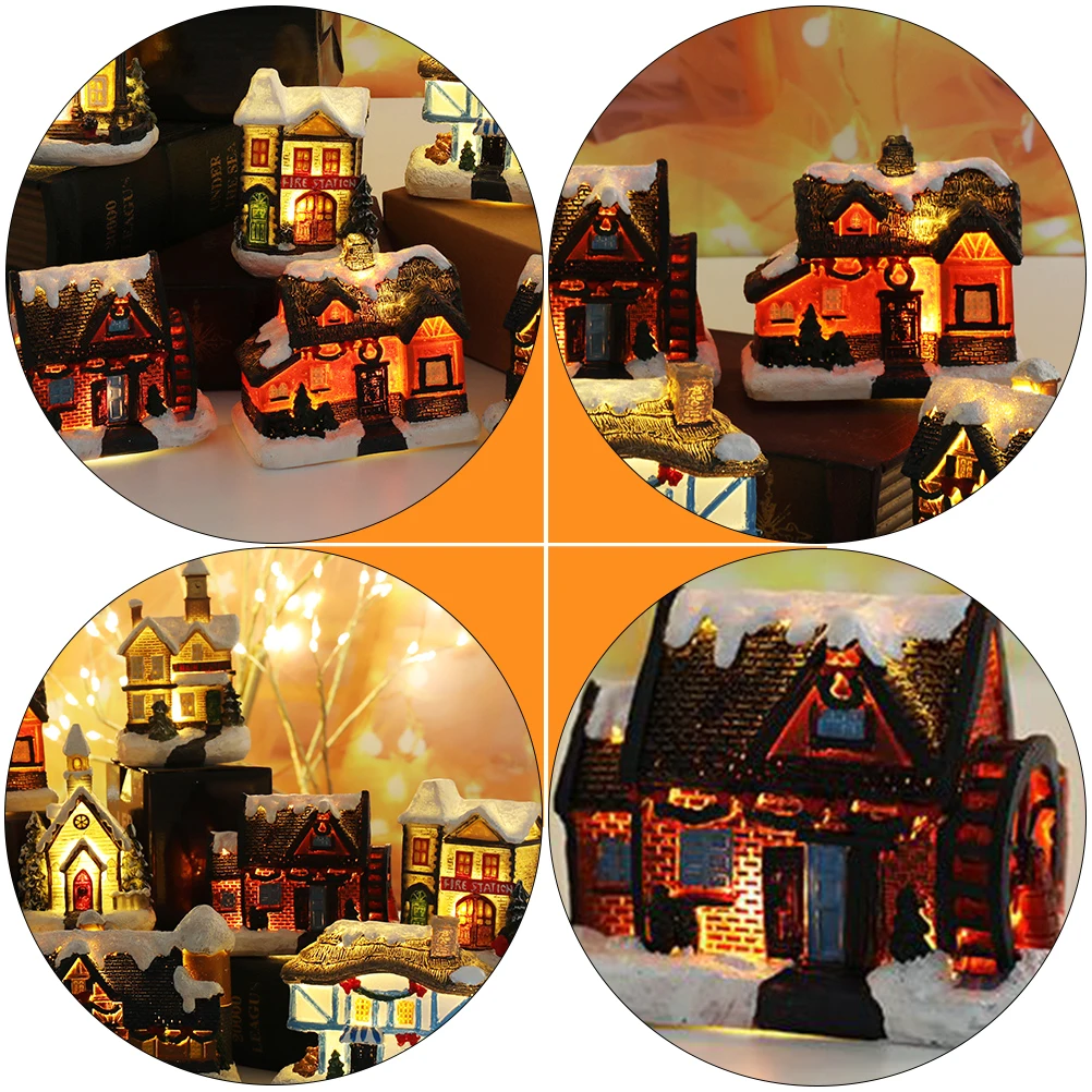 

3pcs Christmas Luminous Resin House Mini Decorative Desktop Ornament For Party Home Office Decoration Xmas Glowing Villa Micro