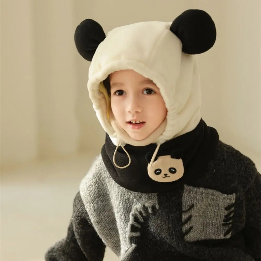 Sciarpa di peluche panda calda alla moda con maschera per il viso Morbido e carino con coulisse Cappello per orecchie da orso Addensato antivento Panda Fazzoletto da collo Streetwear