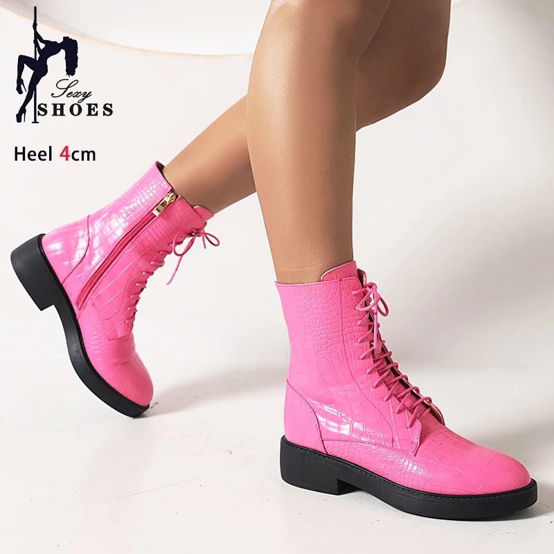 New Womens Boots Side Zip Winter Plush Short Botas Outdoors Casual Shoes Low Heels Female Autumn Lace up Leisure Ankle Boots