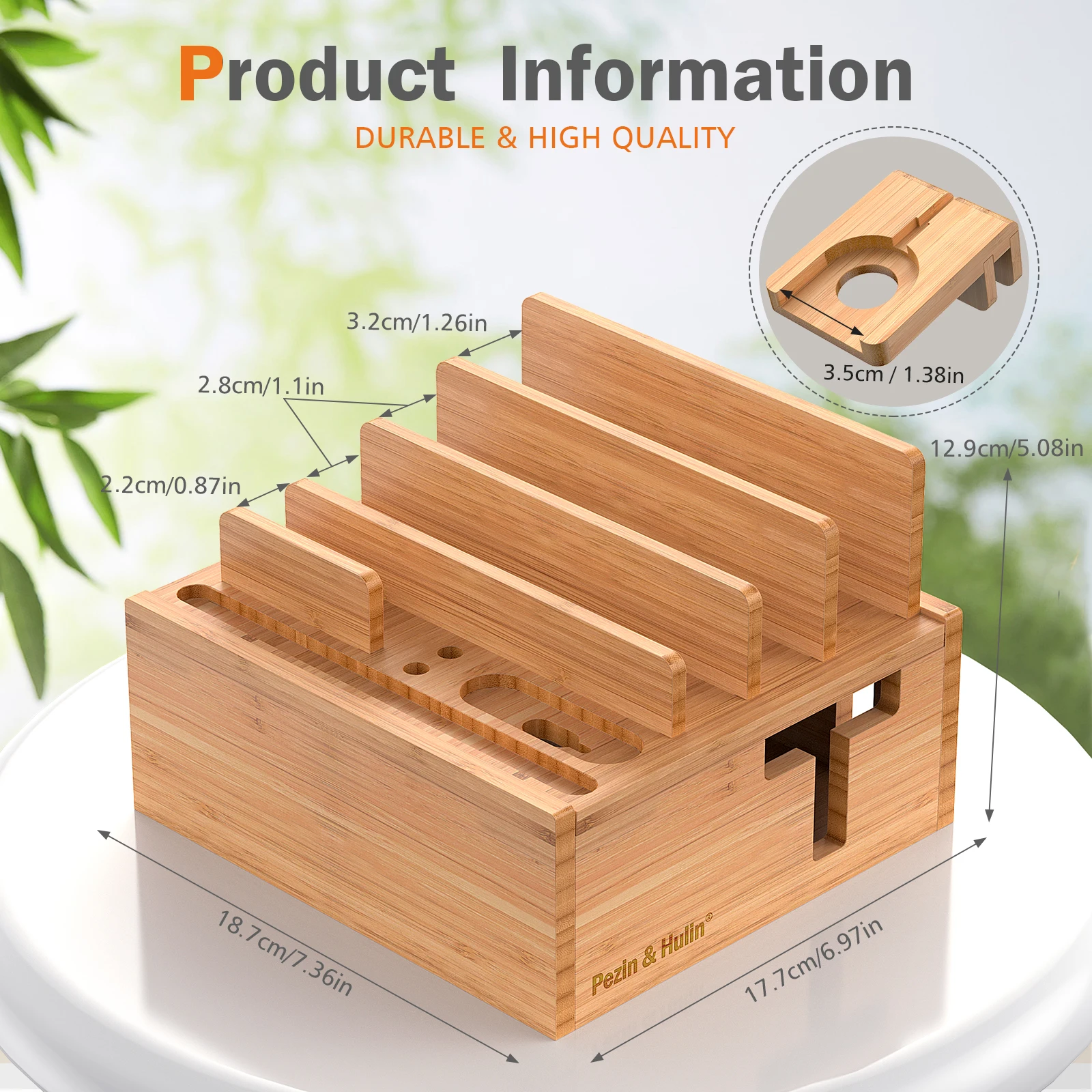 Bamboo Charging Station for Multiple Devices, Desktop Docking Stations Holder for Cell Phone, Tablet, SmartWatch & Earbuds Stand