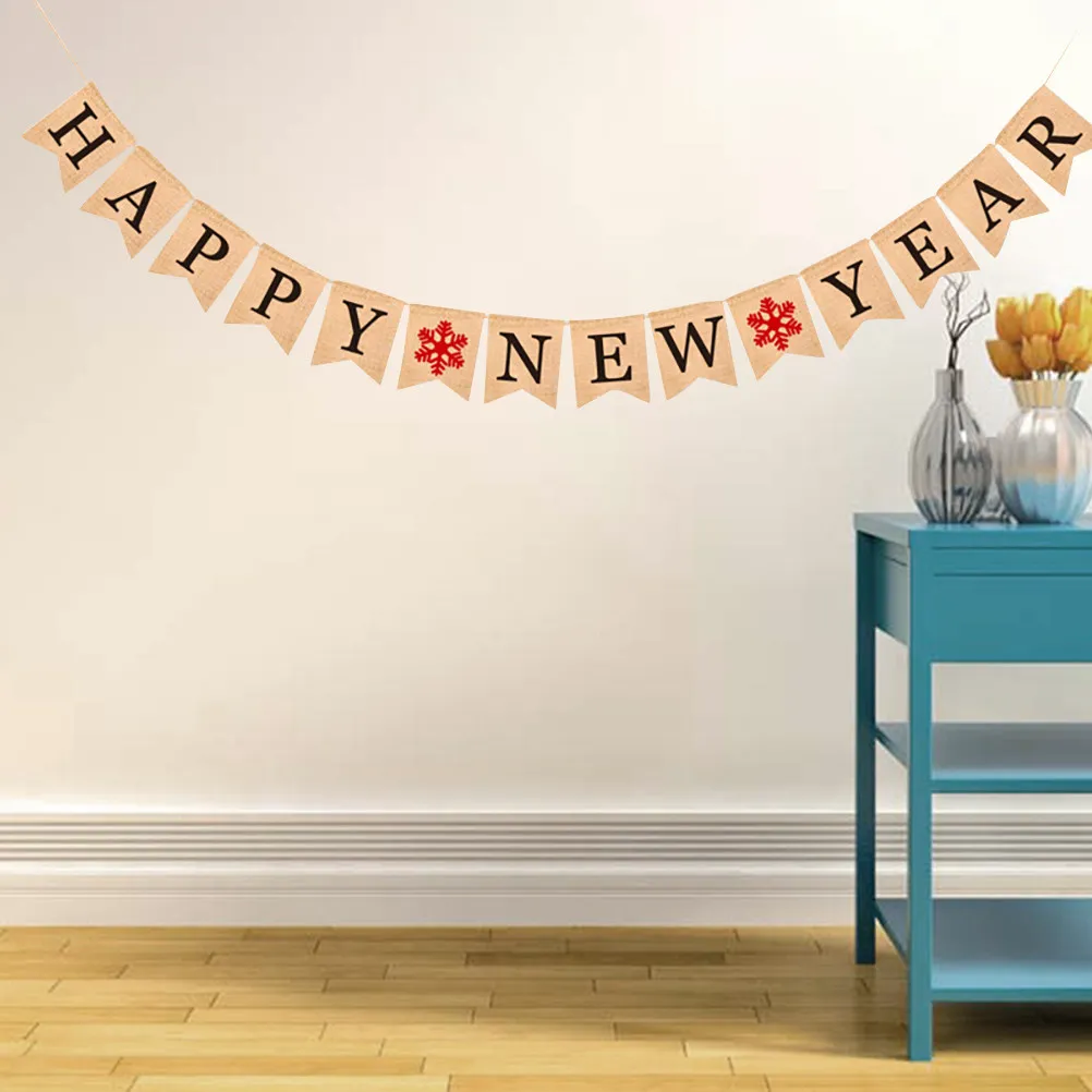 Happy New Year Banner Vintage Burlap Holiday Bunting Party Hanging Garland for 2020 New Year's Eve Celebration Indoor Outdoor