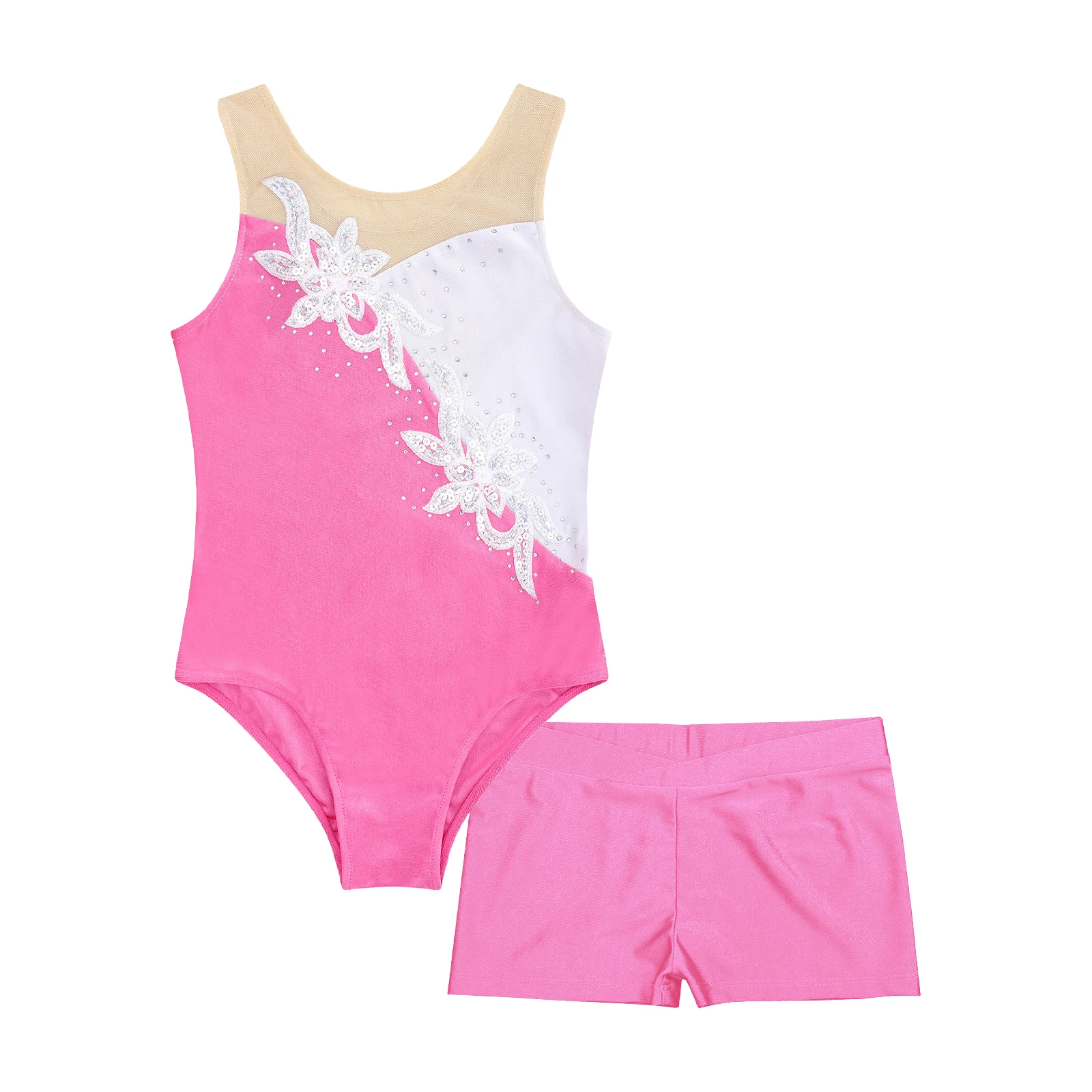 Sequin Floral Figure Ice Skating Bodysuit Leotard with Shorts Sets for Kids Girls Sleeveless Mesh Gymnastics Ballet Dance Set